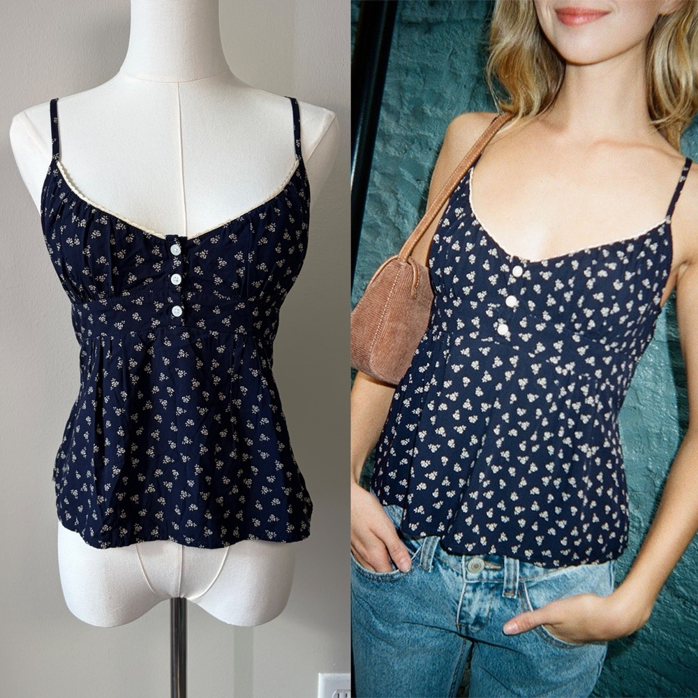 John Galt Navy Ditsy Floral Woven Tank Top Flirty Romantic Feminine